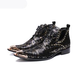 Italy Type Men Shoes Fashion Black Leather Boots Men Pointed Metal Tip Lace-up with Rivets botas hombre Party Boots Man