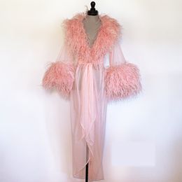 Luxury Ostrich Feather Bride Sleepwear Robes Pink Sexy V Neck Long Sleeve Custom Made Ruffles Tulle Women Sleepwear Pyjamas Dresses