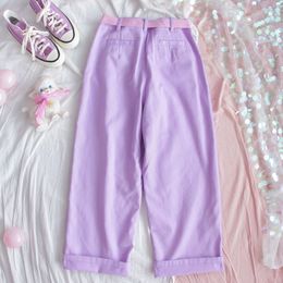 Harajuku Cartoon Embroidery Denim Pants Women Japanese High Waist Vintage Purple Pants Korean Kawaii Girls Wide Leg Trousers 201119