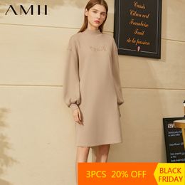 Amii Minimalism Winter Fashion Sweatershirt Dress Causal Turtleneck Embroidery Lantern Sleeve Women Dress For Women 12030324 LJ201202