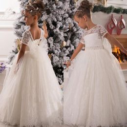 White or Ivory Formal Lace Tulle Short Sleeve Custom Cute Little Flower Girl Dress Floor Length Little Kids Party Birthday Dress