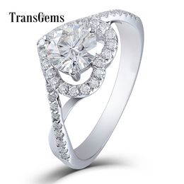 Transgems Solid 14K 585 White Gold 1 ct Diameter 6.5mm F Colour Moissanite Diamond Heart Shaped Halo Engagement Ring For Women Y200620