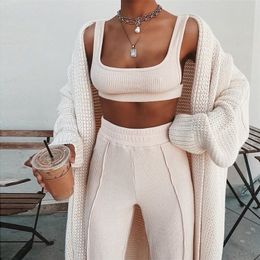 NewAsia Tacksuit Women 2 Piece Set Sleeveless White Ribbed Two Piece Outfits Crop Top Long Pants Plus Size Casual Matching Sets T200704