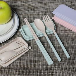 Portable Wheat Straw Fork Cutlery Set Foldable Folding Chopsticks Spoon With Box Picnic Camping Travel Tableware Set LX4097