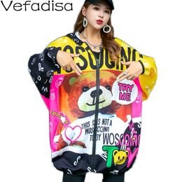 Vefadisa Cartoon Print Hooded Jacket Stitching Colour Women Coat Autumn Zipper Casual Letter Print Jacket Loose Red QYF3778 201127