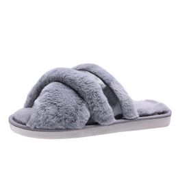 Furry Cotton Slippers Women for Home Female Indoor Non-slip Cross Flat Slides Autumn Winter New Fashion Grey Hairy Slipper Woman Y1202