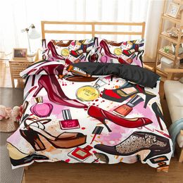 Homesky Makeup Lipstick luxury Bedding Set Cosmetic Pink Duvet Cover Girls Women Bed Set Home Textiles Bedclothes 3 4pcs 201127229A