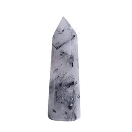 Natural black hair crystal Arts Pillar Quartz Point Obelisk Wand Healing Crystals ink painting home decoration ornaments