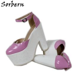 Sorbern Women Pumps Ankle Straps Round Toe Thick Platform Block Heel Female Shoes Custom Colours Patent Pink Pump Drag Queen Shoes