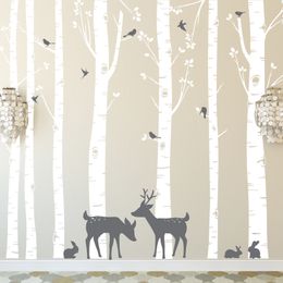Huge Size Trees Wall Stickers Set of 7 Birch Trees with Deer and Birds in 2 Colours Removable Vinyl Wall Decals tree Decor ZA316 201130