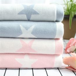 2 layers Reversible Super Soft Cotton Knitted Baby Blanket Blue Pink Stars Pattern Crochet Newborn Swaddle Infant crib Quilt 201210