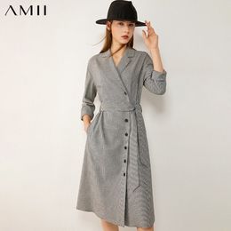 Amii Minimalism Autumn Winter Women's Dress Suit Dress Lapel Houndstooth Belt Knee-length Dresses For Women 12040549 201027