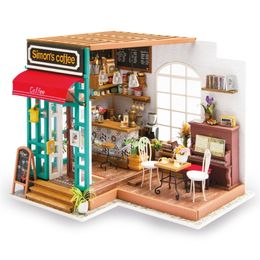 Robotime Art Dollhouse DIY Miniature House Kits Mini Dollhouse with Furniture Simon's Coffee Toys for Children Girl's Gift DG109 201215