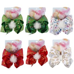 8 Inch Christmas Grils Barrettes Snowflake Print Hair Bows for Girls Pompom Fur Ball Hair clip Kids Xmas Party Hair Accessories M605