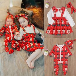 Christmas Infant Baby Girls Deer Print Long Sleeve Romper top suspenders skirt Headband set Sister Family Matching Clothes LJ201221