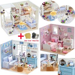 Doll House Furniture DIY Miniature Model Dust Cover 3D Wooden Dollhouse Christmas Gifts Toys For Children Kitten Diary H013 #E 201217