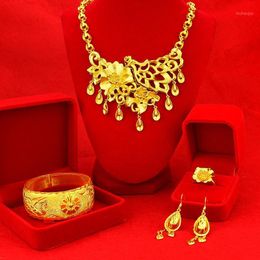 phoenix suit NZ - Bracelet, Earrings & Necklace Classical Chinese Wedding Suit Bridal Jewelry Sets 24k Gold Plated Phoenix Flower Chain Bracelet Bangles Ring