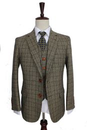 retro Brown plaid groom tuxedos custom made slim fit Wedding Suits for men Blazers tailor made suits 3 piece 201106
