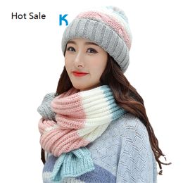 winter knit hat scarf twopiece women velvet beanies cap lady warm wool ball caps sweet cute knitted earmuffs hats female