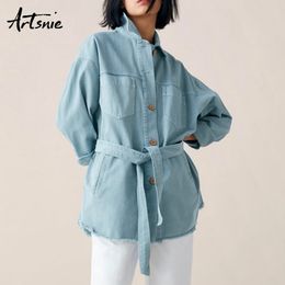Artsnie streetwear double pockets denim women jacket spring casual sashes jeans loose long coats female chaquetas Mujer T200212
