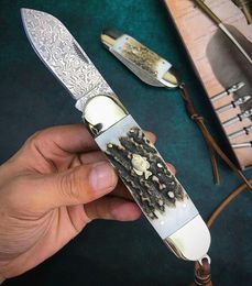 special offer damascus edc pocket folding blade knives damascus-steel drop point blade horn brass head handle with nylon bag