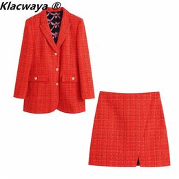 Klacwaya Women Fashion Two-Piece Set Vintage Print Lining Tweed Blazer Coat Female Front Slit Mini Skirt Chic Suit 220302