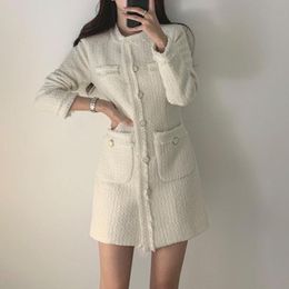 Casual Dresses Women Vintage Tweed Party Dress 2021 Elegant Sexy Mesh Long Sleeves French Fashion A-Line Sweet Short Autumn Winter