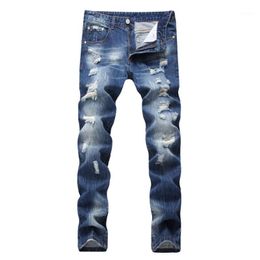 Wholesale- NEW Night Club Button Biker Jeans Men Hole Denim Blue Ripped Jeans Distressed Trousers 28-42 High Quality Cotton Plus Pants1