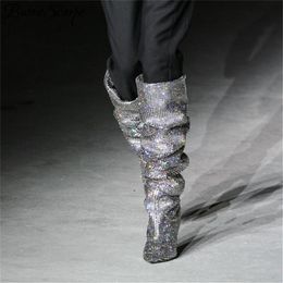 Hot Sale Prova Perfetto Women Pointed Toe Bling Bling Over Knee Rhinestone Boots Crystal Long High Heel Boots Luxury Thin Heel Boots