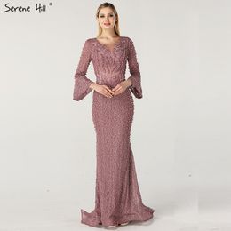 Muslim Pink Luxury Long Sleeves Evening Dresses Pearls Crystal Lace Formal Dress 2020 Serene Hill Plus Size LJ201119