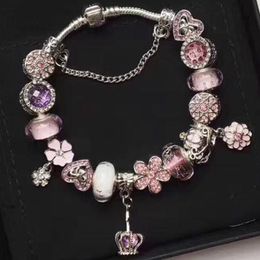 Fashion Sterling Sier Pink Murano Lampwork Glass & European Beads Five Petals Flower Crystal Crown Dangle Fits Charm Bracelets Necklace B8