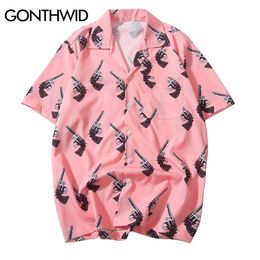 GONTHWID Pistol Gun Print Pink Beach Hawaiian Aloha Shirts 2020 Summer Mens Casual Short Sleeve Shirt Male Fashion Shirts Tops C1210