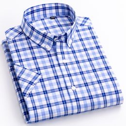 England Style Soft 100% Cotton Short Sleeve Shirts Single Patch Pocket Summer Casual Standard-fit Button-down Plaid Stripe Shirt C1210