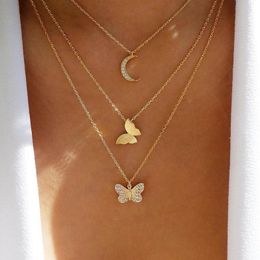 Boho Trendy Butterfly Pendant Necklace Women Link Chain Creative Simple Zinc Alloy Multilayer Gold Colour Necklace Collier