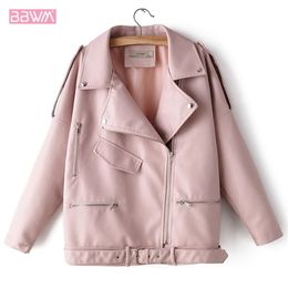 PU Long Sleeve Lapel Loose Belt Zipper Locomotive Windproof Women's Jacket Winter Korean Chic Pink Female Coat Black Beige LJ200813