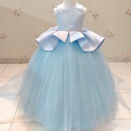 2020 Sky Blue Cheap Flower Girl Dresses Ball Gown Tulle Little Girl Wedding Dresses Cheap Communion Pageant Dresses Gowns