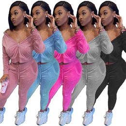 Ladies Casual Velvet Sets Fashion Trend Long Sleeve Cardigan Zipper Hooded Tops Pencil Pants Suits Designer Female Autumn New Tracksuits