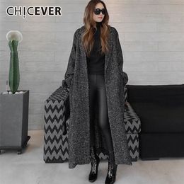 CHICEVER Autumn Winter Women's Coats Female Jackets Lapel Long Sleeve Loose Oversize Black Lace Up Coat Fashion Casual Clothes 201216