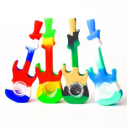 Guitar Shape Silicone Smoking Pipe Tobacco Hand Spoon Pipes Heat Oil Dab Rig with Glass Bowl Multi Classic Colours