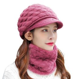 Women Winter 2Pcs Set Visor Brim Chunky Knit Beanie Hat with Circle Scarf Plush Lining Skull Baseball Cap Neck Warmer