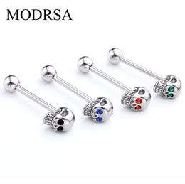 Modrsa 1piece Stainless Steel Industrial Barbell Punk Crystal Skull Tongue Ring Helix Piercing Stainless Steel Body Jewelry F jllAaB