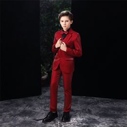 Red velvet Kids Suits Custom Made Three Piece Tuxedos High Quality Boys Suits Notched Lapel Double Button Formal Children Tuxedos