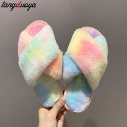 Winter Women Slippers Faux Fur Fashion Slippers house Warm Shoes Slip on Flats Female Slides green Pink Cosy home furry slipper Y201026