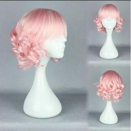 Details about For Mcoser Lolita Light Pink Short Curly Cute Full Bangs Fashion Sales Fast Wig