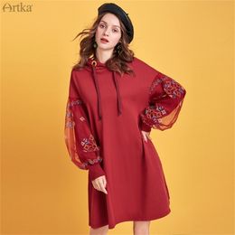 ARTKA Autumn Winter New Women Sweatshirt Vintage Mesh Embroidery Sweatshirt Hooded Pullover Long Sweatshirt Dress VA15095D 201217