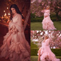 Gorgeous Pink Tiered Ruffles Maternity Robes Women Long Sleeve Photoshoot Fluffy Tiered Dress Formal Event Overlay Sleepwear