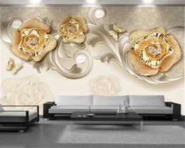 Golden Luxury Floral 3D Wallpaper Home Decor 3d Wallpaper Romantic Flower Decorative Silk 3d Mural Wallpaper