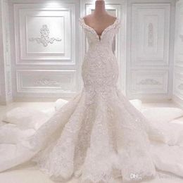 2021 Luxury Mermaid Saudi Arabia Wedding Dresses Scoop Neck Full Lace Appliqued Crystal Long Cathedral Train Wedding Bridal Gowns BC0221