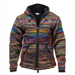 HEFLASHOR Herbst Männer Mit Kapuze Wolle Strickjacke Pullover Jumper Retro Männer Patchwork Stricken Outwear Mantel Gestreiften Pullover Mit Tasche 201104