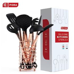 11/12Pcs Kitchen Utensils Set Nonstick Pan Silicone Cooking Utensils Rose Gold Handle Cookware With Stand Kitchen Tools Set 201223